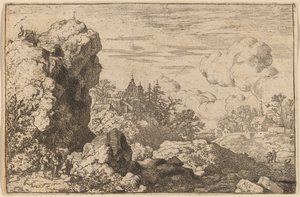 Drei Reisende am Fuße eines hohen Felsens, wahrscheinlich ca. 1645-1656