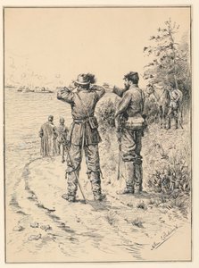 Offiziere und General beobachten eine Seeschlacht (Schlacht von Monitor und Merrimac) von Allen Carter Redwood