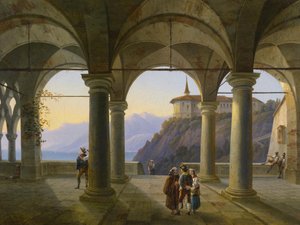 Säulenterrasse mit Menschen und Blick auf einen Bergsee von Alois Gustav Schulz