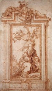 Architektonisches Design mit weiblicher Figur und Putti
