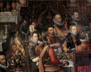 Das Bankett der Monarchen des Hauses Österreich. Detail, das rechts Anne von Österreich (1549-1580), Ehefrau von Philipp II. von Spanien (1527-1598), und links die Infantin Isabella Clara Eugenia (1566-1633) darstellt.