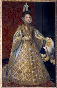 Ganzkörperporträt der Infantin von Spanien Isabelle Clara Eugenie von Habsburg, Herrscherin der Niederlande, und Magdalena Ruiz