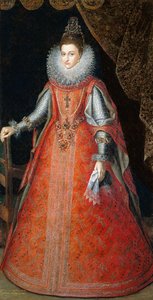 Porträt der Infantin Isabella Eugenia, stehend in voller Länge, ein Brokatkleid tragend, 1593