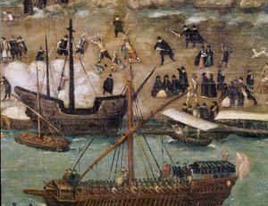 Die Stadt Sevilla, Detail des Hafens (Ende 16. Jahrhundert)
