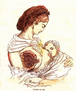 Das Kind an der Brust (J. Rengades normales Leben & Gesundheit) - Stillen. Zeichnung von A. Demarle 1881 von Alphonse Demarle