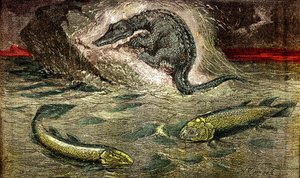 Übergang von Fischen zu Reptilien: Proteosaurier (oben) Reptil aus Fisch, Kohlezeit. Der Holoptychius unten links und der Osteolepis rechts. 1885. Natürliche Schöpfung & Lebewesen. Zeichnung von A. Demarle