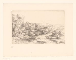Landschaft mit Brücke über einen Fluss von Alphonse Legros (attributed to)