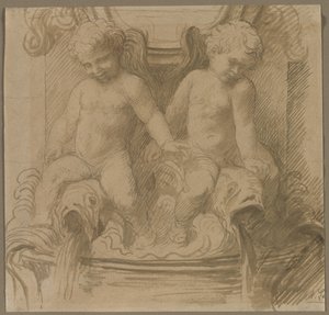 Brunnen mit Putti, die auf Delfinen reiten von Alphonse Legros