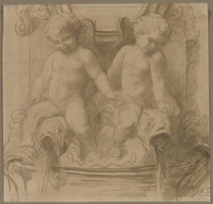Brunnen mit Putti, die auf Delfinen reiten, zweite Hälfte des 19. Jahrhunderts von Alphonse Legros