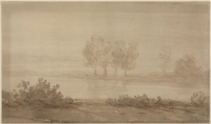 Landschaft - Vier Bäume jenseits eines Flusses von Alphonse Legros