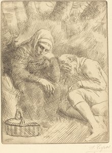 Mann und Frau sitzen am Straßenrand mit einem Korb von Alphonse Legros
