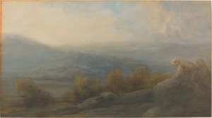 Berglandschaft mit zwei Figuren rechts