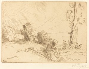 Bäuerin sitzt nahe einer Hecke von Alphonse Legros