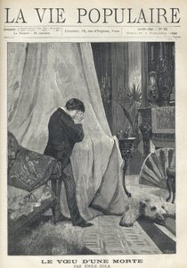 Ein Mann weint, versteckt sein Gesicht in einem Taschentuch, stehend hinter dem Baldachin eines Bettes in einem reich dekorierten Schlafzimmer. Illustration von Alfons Maria Mucha