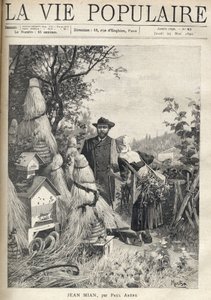 Ein Mann auf einer Landstraße schaut, die Augen in die Welle gerichtet, auf den Standort von etwa einem Dutzend Bienenstöcken. Ein alter Bauer, der sich auf einen Stock stützt und unter der Grasernte, die er auf dem Rücken trägt, gebeugt ist, spricht ihn a von Alphonse Mucha
