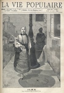 Eine einfache und distinguierte junge Frau mit Zöpfen, die einen Regenschirm hält, geht selbstbewusst die Straße entlang. Hinter ihr setzen eine in Schwarz gekleidete Frau und ein Fuhrwerk, das Fässer transportiert, ihre Reise fort. Illustration von Alfons von Alphonse Mucha