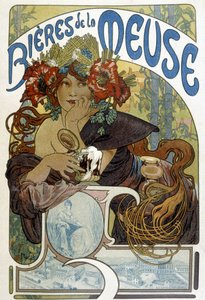 Werbung für das Bier der Maas. Illustration von Mucha (tschechischer Maler und Plakatkünstler)