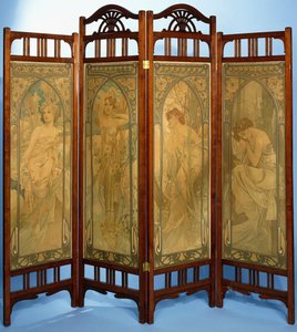 Ein Jugendstil-Paravent, die Paneele dekoriert mit der Serie "Les Heures du Jour", bestehend aus Eveil Matin, Eclat du Jour, Reverie du Soir und Repos de la Nuit, 1899 von Alphonse Mucha