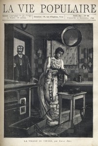 Eine elegante Frau wachst einen Schuh in der Küche eines Hauses. Ein Mann öffnet die Tür hinter ihr. Illustration von Alfons Maria Mucha von Alphonse Mucha