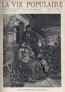 Nachts, auf einem blumigen Balkon, versammelt sich eine Familie um die Mutter, die auf einem Sessel sitzt und die Hand ihres hinter ihr stehenden Mannes hält, beide sehen traurig und erschossen aus. Zu ihren Füßen, den Kopf auf die Mutter gelegt, schläft e von Alphonse Mucha