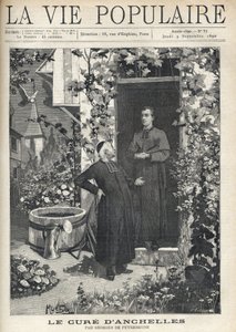Am Eingang des Pfarrhauses wird eine Behandlung an eine jüngere Person gerichtet. Der Garten ist sehr blühend, ausgestattet mit einem Tank und einer Gießkanne, im Hintergrund sieht man den Kirchturm des Dorfes. Illustration von Alfons Maria Mucha (Alphonse von Alphonse Mucha