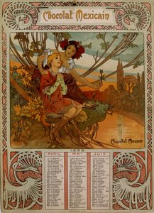 Schokoladen-Masson-Kalender illustriert von Mucha (1860 – 1939), ein tschechischer Jugendstilmaler