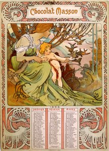 Schokoladenkalender von Masson, illustriert von Mucha (1860–1939), einem tschechischen Jugendstilmaler