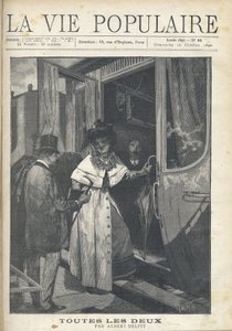 Abschied zwischen einem Mann und einer Frau, die auf einem Bahnsteig in einen Zug steigen. Illustration von Alfons Maria Mucha (Alphonse Marie Mucha)