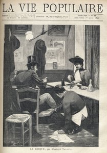 In einem Restaurant, ein Mann und eine Frau sind getrennt und essen zu Abend. Der Servicejunge hockt neben dem Mann und installiert einen heißen Ziegelstein unter seinen Füßen. Illustration von Alfons Maria Mucha (Alphonse Marie Mucha)