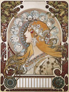 MUCHA, Alphonse Maria (1860-1939). Zodiac. 1896. Poster und Kalender, der die Zeitschrift „La Plume“ (Die Feder) bewirbt. Modernismus. Lithografie von Alphonse Marie Mucha