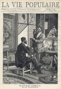 Zwei Männer, einer sitzend und der andere stehend, stehen sich gegenüber und sind in ein Gespräch vertieft, rauchen Zigaretten in einem reich dekorierten Wohnzimmer (Buntglasfenster, Möbel, Kunstgegenstände). Illustration von Alfons Maria Mucha (Alphonse M von Alphonse Mucha