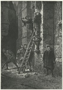 Protestanten zerstören eine Statue der Jungfrau und des Kindes auf Notre Dame, Paris