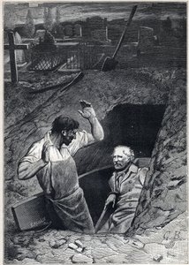 Eine Auferstehung ist fast so erschreckend wie ein Tod: Fauchelevent und Jean Valjean - Illustration von Alphonse de Neuville (1836-1885) für „Les Miserables - Zweiter Teil: Cosette“ von Victor Hugo (1802-1885) 1862