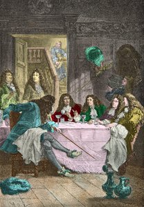 Jean de La Fontaine, Nicolas Boileau Despreaux, Molière und Racine speisen in einem Kabarett (Gravur) von Alphonse Marie de Neuville