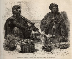 Die Schlangenbeschwörer, die mit Reptilien handeln, die sie durch Blasen in ihre Flöte anziehen, graviert nach der Zeichnung von A. de Neuville, zur Illustration der Reise nach Indien der Rajahs, 1864-1868, von Louis Rousselet, veröffentlicht in „Le tour d von Alphonse Marie de Neuville
