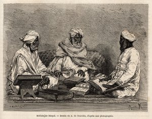 Die Mullahs der Moschee von Bhopal, in voller Diskussion über die strittigen Punkte der muslimischen Religion, Gravur nach der Zeichnung von A. de Neuville, zur Illustration der Reise in Indien der Rajahs, 1864-1868, von Louis Rousselet, veröffentlicht in  von Alphonse Marie de Neuville