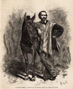 Porträt von Dr. Saffray, bewaffnet auf seinem Reittier, in Reisekleidung, Gravur nach der Zeichnung von A. de Neuville, zur Illustration der Reise nach Neugranada, von Dr. Saffray, 1869, veröffentlicht in 