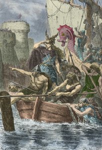 Rollons Wikingerboote vor den Mauern von Paris 886 (Gravur) von Alphonse Marie de Neuville