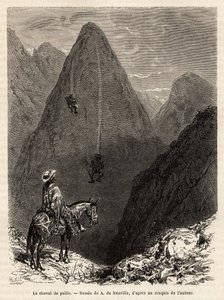 Die Indianer des Staates Boyaca, die einen mit Gras bedeckten Berg auf Strohpferden hinabsteigen, bestehend aus einem Bündel langer Gräser, auf dem man sich rittlings setzt, um die Hänge mit hoher Geschwindigkeit hinunterzufahren, nur durch die Kraft der S von Alphonse Marie de Neuville