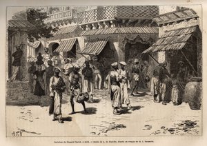 Die Kreuzung von Chandni Chowk, die Straße der Goldwürmer, die Hauptader der kommerziellen und handwerklichen Aktivitäten, die Delhi vom großen Tor des Palastes bis zum Tor von Lahore durchquert, Gravur nach der Zeichnung von A. de Neuville, zur Illustrati