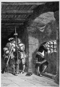 Die eiserne Maske in seiner Zelle im Gefängnis der Insel Saint Marguerite - in „Histoire de France“ von Guizot, Gravur von De Neuville von Alphonse Marie de Neuville