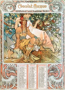 Kalenderseite des Jahres 1898, dekoriert mit einer Werbeillustration von Alphonse Mucha für die Schokoladen Masson von Alphonse Mucha