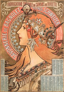 Kalenderseite des Jahres 1898, dekoriert mit einer Werbeillustration von Alphonse Mucha für die Seifenfirma Savonnerie de Bagnolet Alfred Schweizer