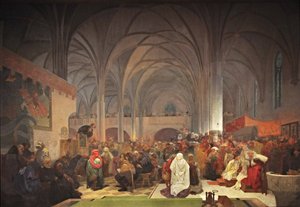 Meister Jan Hus predigt in der Bethlehemskapelle Der Zyklus Das Slawische Epos von Alphonse Mucha