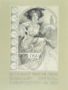 Offizielles Bankett der Pariser Weltausstellung 1900. Entwurf für das Menü von Alphonse Mucha