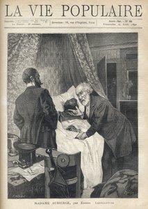 Zwei Männer beugen sich über ein Bett, um den Tod eines Mannes zu sehen. An der Tür beobachten andere Männer die Szene. Illustration von Alfons Maria Mucha (Alphonse Marie Mucha)