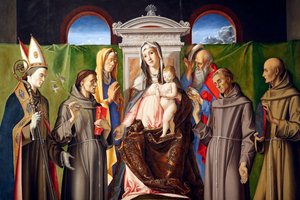 Madonna und Kind auf dem Thron mit den Heiligen Ludwig von Toulouse, Antonius von Padua, Anna, Joachim, Franziskus und Bernhardin von Siena