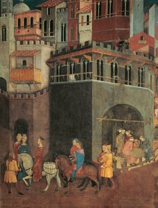 Wirkungen der guten Regierung in der Stadt, Prozession der Adligen auf den Straßen der Stadt (Detail)