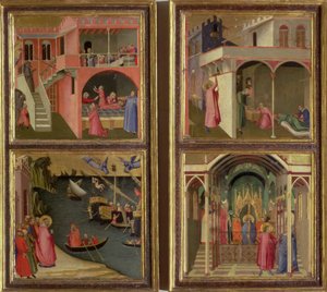Vier Szenen aus dem Leben des Heiligen Nikolaus: Der Heilige Nikolaus gibt drei Mädchen ihre Mitgift; Der Heilige Nikolaus wird zum Bischof von Myra gewählt; Wiederbelebung eines vom Teufel erwürgten Jungen; Befreiung von Myra aus der Hungersnot