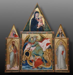 Erzengel Michael tötet den Drachen zwischen den Heiligen Benedikt und Bartholomäus von Ambrogio Lorenzetti